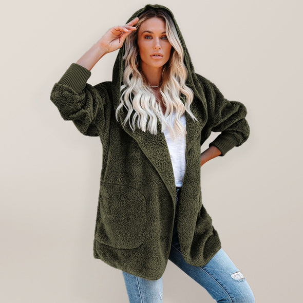Women’s Open Front Sherpa Hoodie With Side Pockets