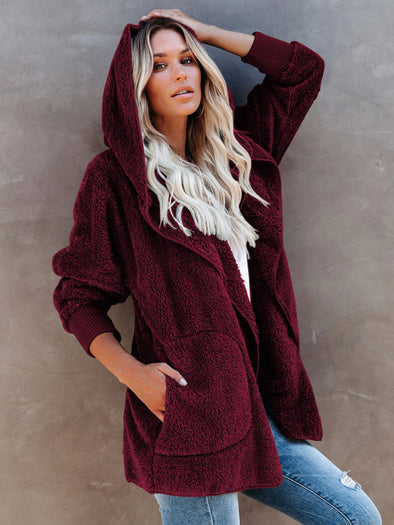 Women’s Open Front Sherpa Hoodie With Side Pockets