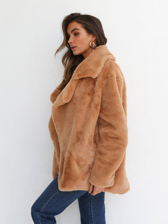 Women’s Solid Color Shawl Collar Faux Fur Coat